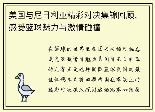 美国与尼日利亚精彩对决集锦回顾，感受篮球魅力与激情碰撞